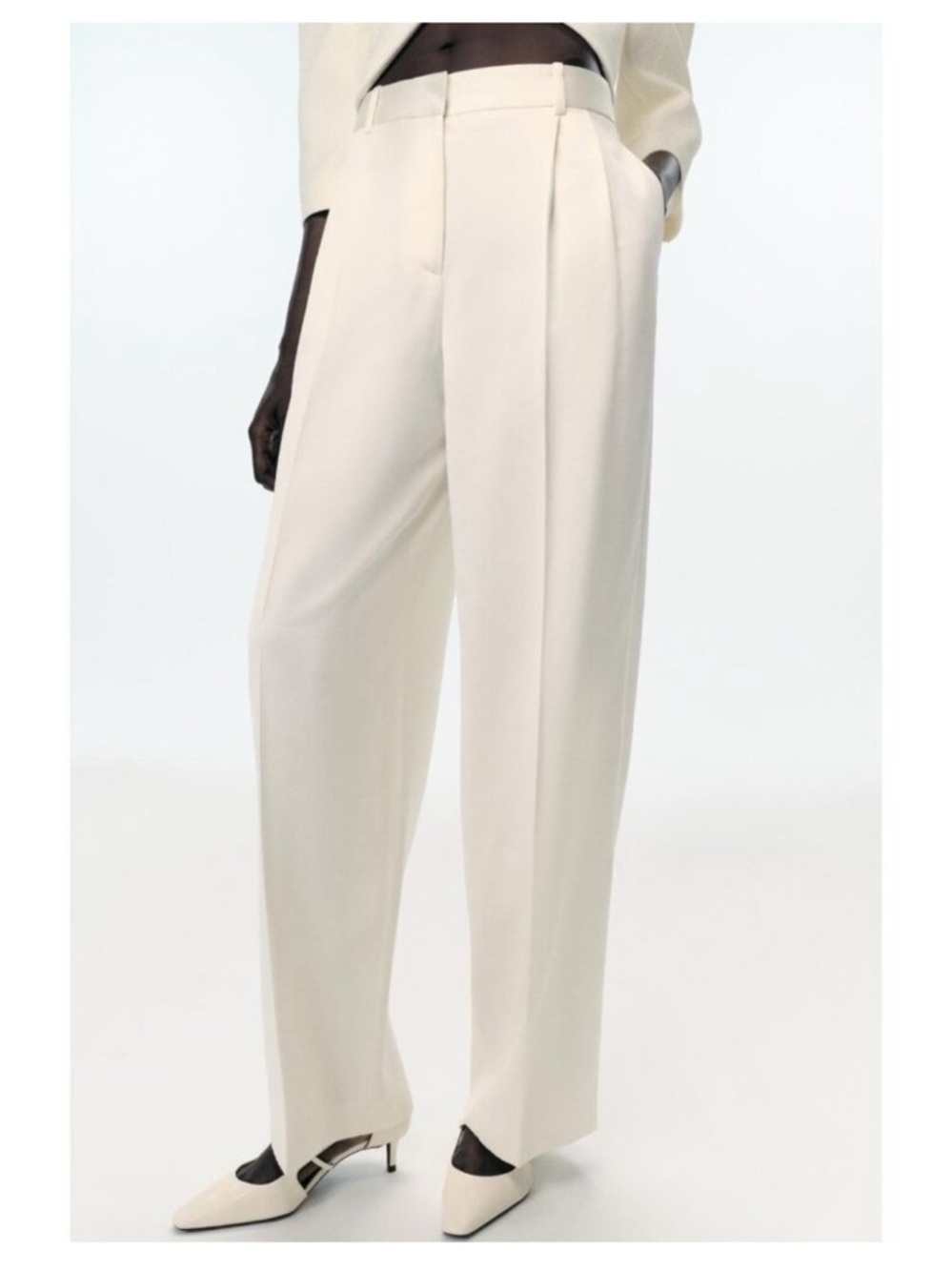 ZARA High Waist Satin Ivory Pleated Straight Leg Trousers Pants sz Medium - Picture 4 of 8